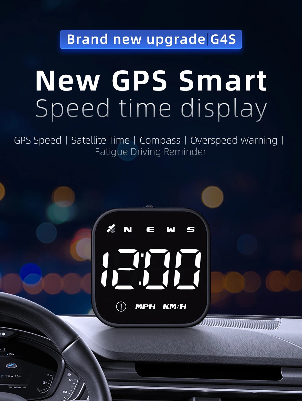 G4S GPS Smart Car LED Multifunctional Head Up Display For HUD GPS Speed MPH KMH Time Compass Speedometer With Overspeed Alarm