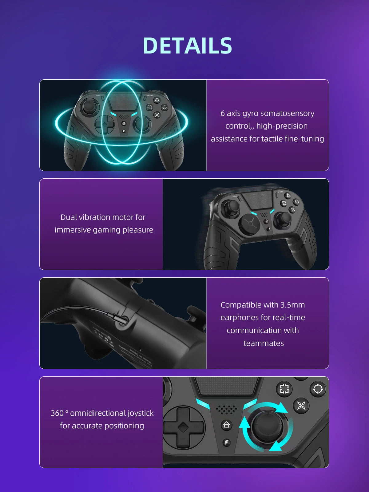 GAMINJA Wireless Controller Dual Vibration Bluetooth Gamepad With Programmable Turbo Function For PS4 Console PC Joystick