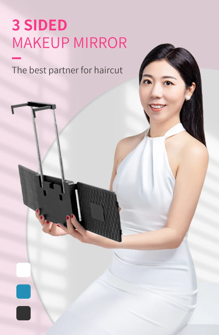 3 Way Haircut Mirror 360 Mirror with LED Lights Door-Hanging Design with Hook Perfect for Makeup Self Hair Cutting Portable Fold