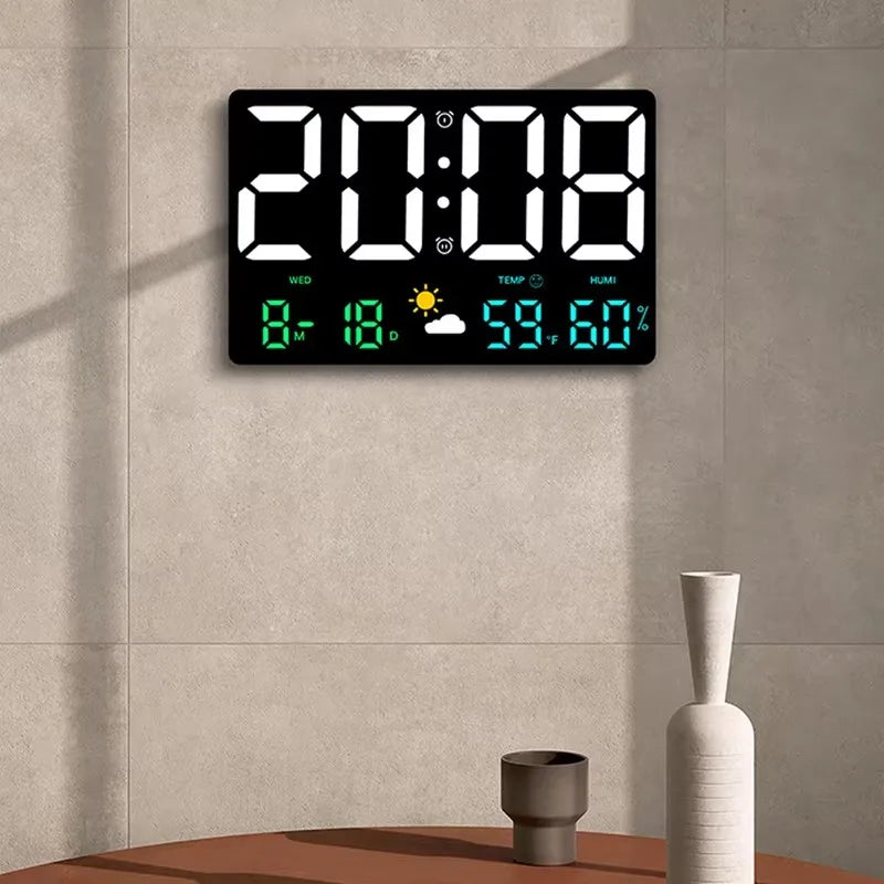 Smart Mute LED Wall Clock with Large Screen Temperature and Humidity Display Weather Clock Multifunctional Digital Color Alarm