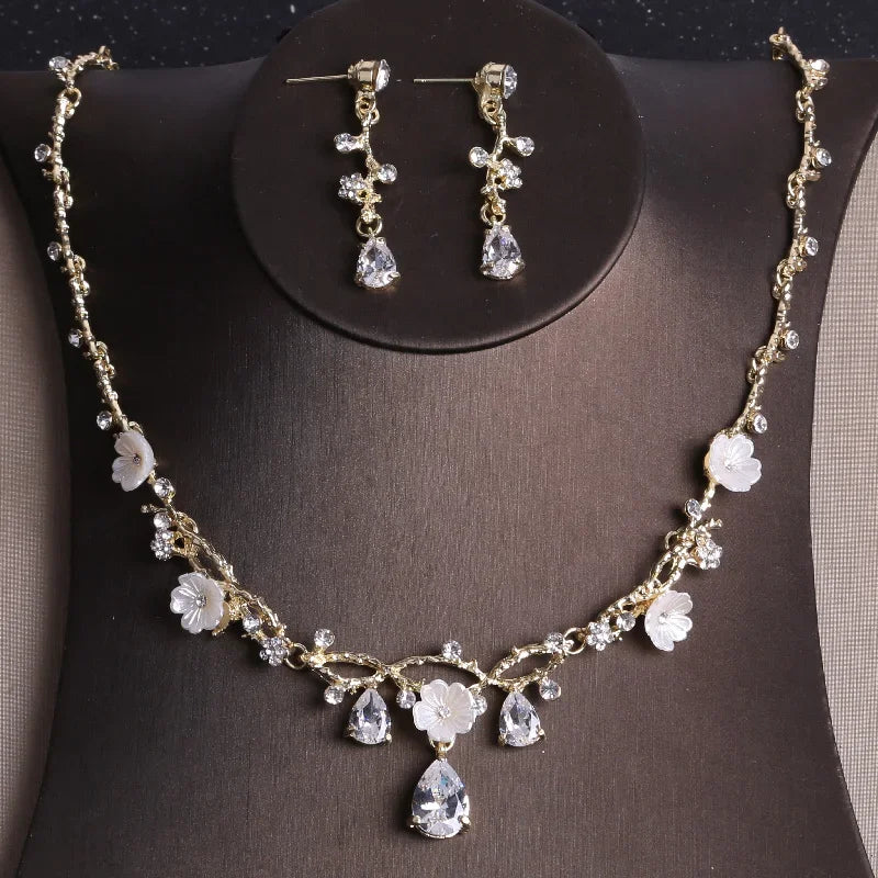 Fashion Flower Rhinestone Zircon Wedding Necklace Earring Set for Bridal Jewelry Women Wedding Dresses Accessories Party Gift