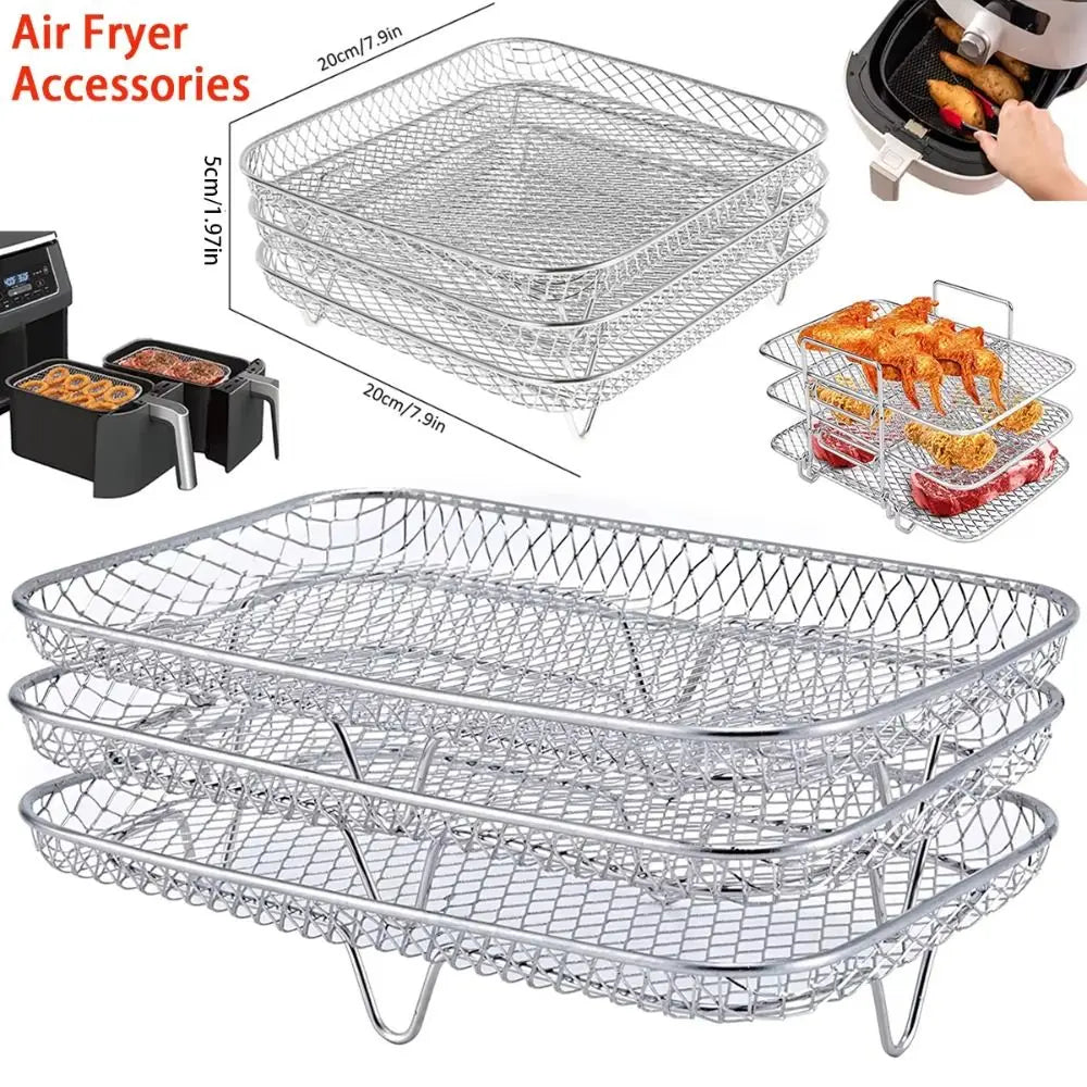 New Durable Stackable Air Fryer Rack Non-Stick Stainless Steel Airfryer Tray Grill Basket Kitchen Gadgets