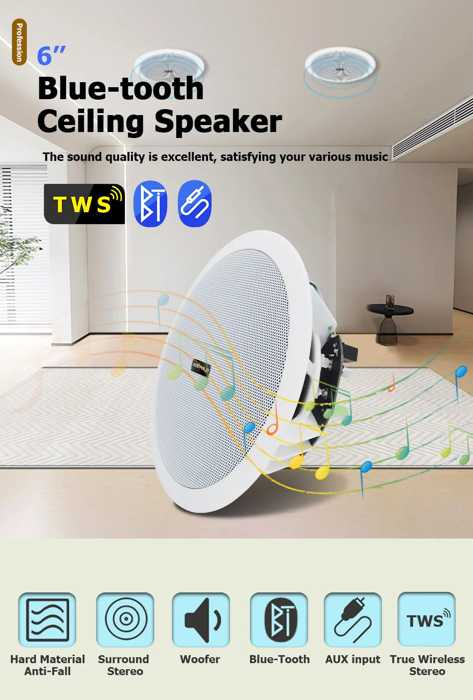 Home and Commercial Caixa De Som Bluetooth Speaker Active and Wired Ceiling Speaker Background Music Stereo for Home Theater 10W