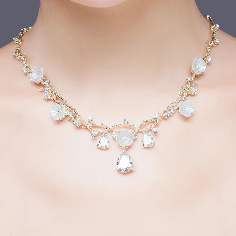 Fashion Flower Rhinestone Zircon Wedding Necklace Earring Set for Bridal Jewelry Women Wedding Dresses Accessories Party Gift