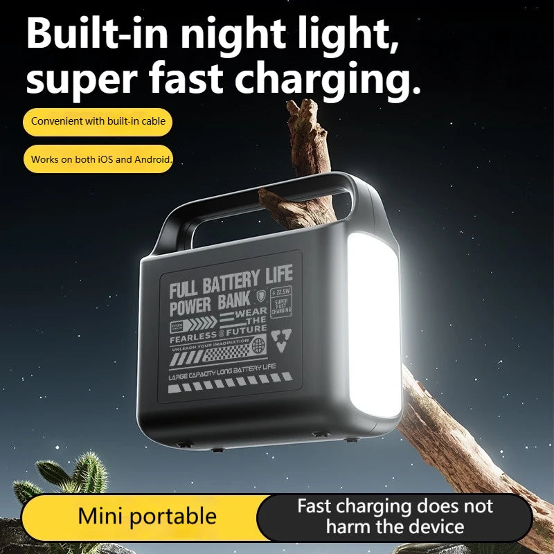 200000mAh Power Bank Large Capacity Portable Outdoor Emergency Power Supply Built-in cable Camping Iight For iPhone Xiaomi