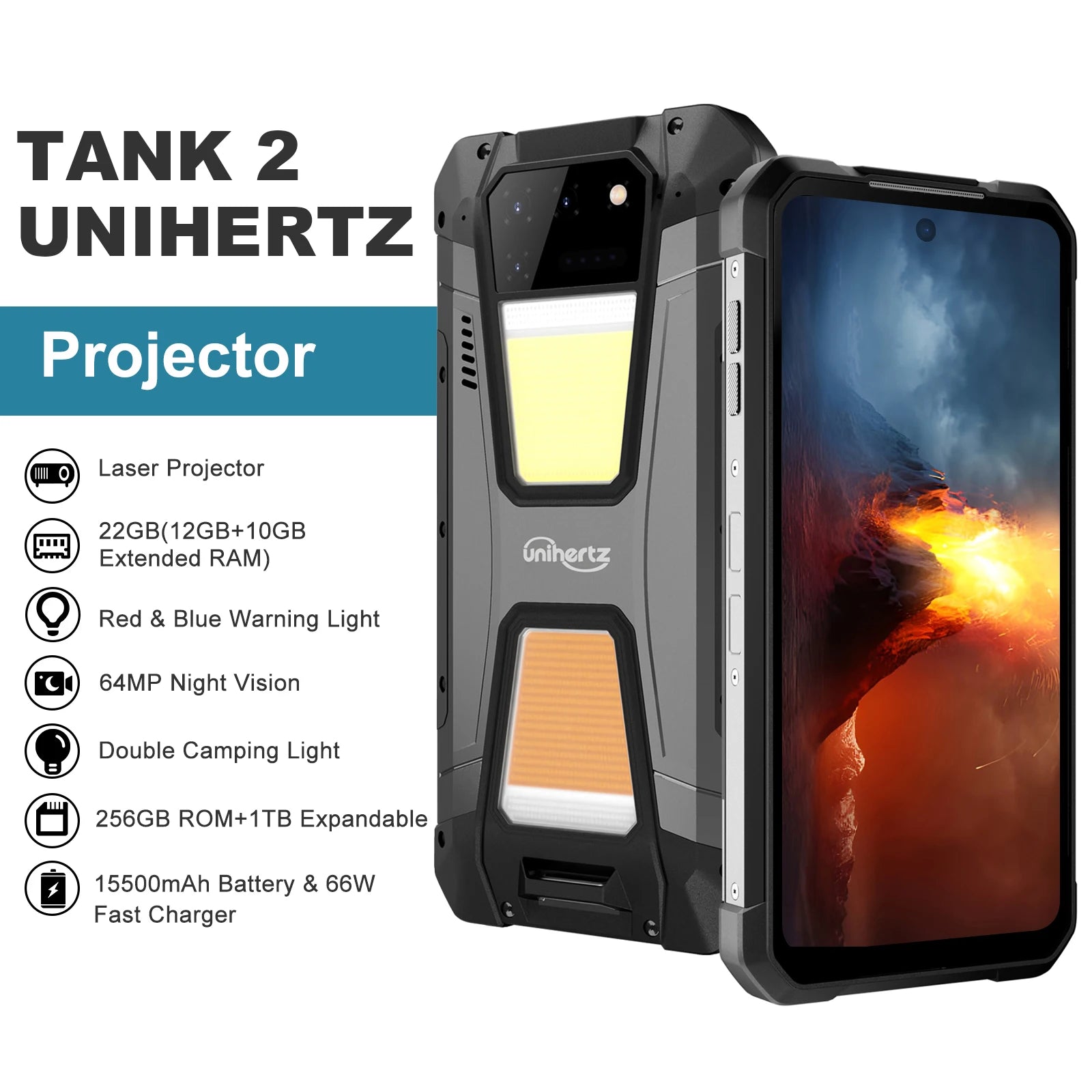 Unihertz TANK 2 Projector phone 22GB 256/512GB 32MP 108MP 64MP Night Vision Double Camping Light 15500mAh G99 Support TF SD NFC