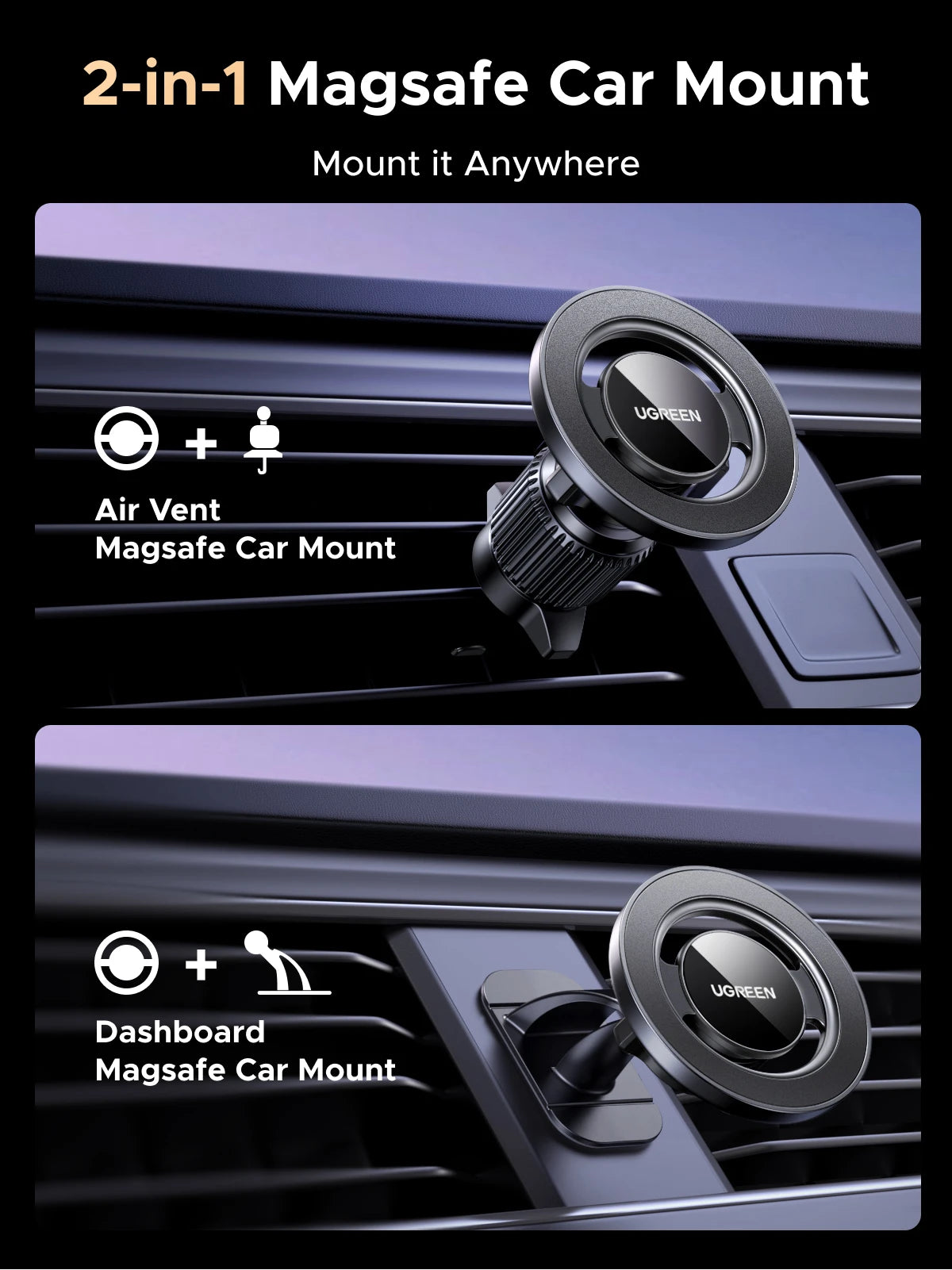 UGREEN Magnetic Car Phone Holder Strong Magnets 2 IN 1 360° Rotatable Car Mount For Magsafe iPhone 16 15 Pro Samsumg S25 Xiaomi