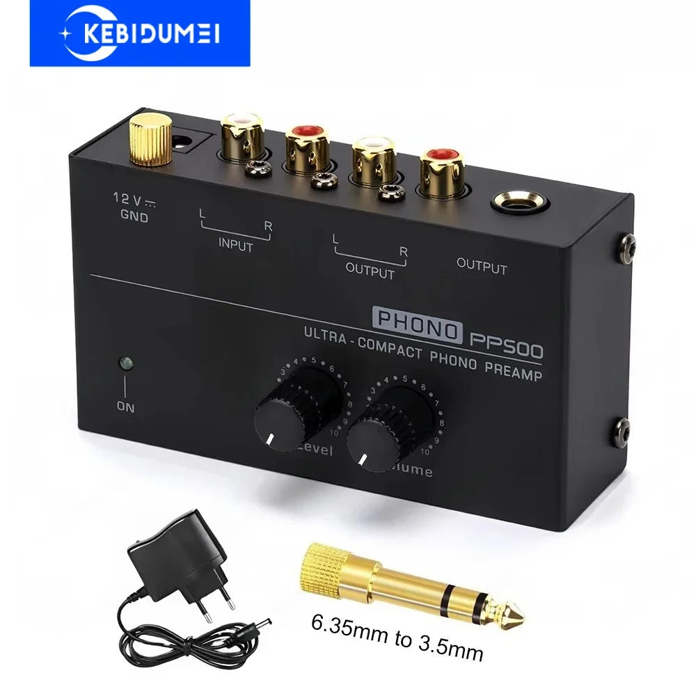 Audio Amplifier Phono Preamp Pre Amp Preamplifier with Level Volume Control RCA Input Output 1/4" TRS Output for Turntable
