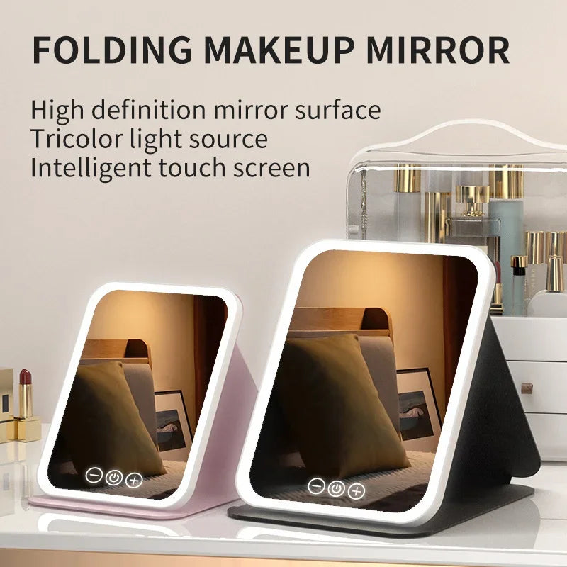 LED Dimmable Makeup Mirror Portable Foldable Design with Touch Screen 3 Colors Light Stepless USB Charging for Beauty Fashion