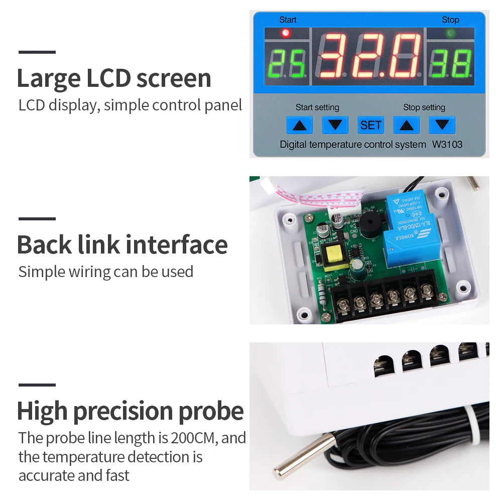 Digital Temperature Controller 220V Max 5000W Digital Thermostat 30A -19 to 99℃ Temperature Controller Switch LCD XH-W3103