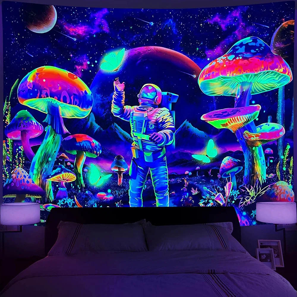 Neon Blacklight Tapestry UV Reactiv Alien DJ Tapestry Glow In The Dark Bohemian Elegance for Artful Wall Hanging and Home Décor