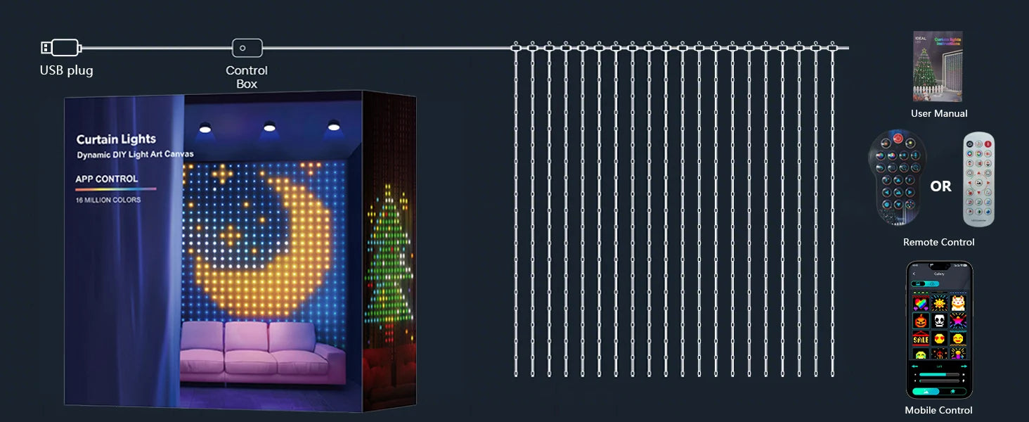 Smart LED Curtain Light APP Control RGB Dimmable DIY Pattern Music Ambient Lighting For Home Holiday Party Christmas Decoration