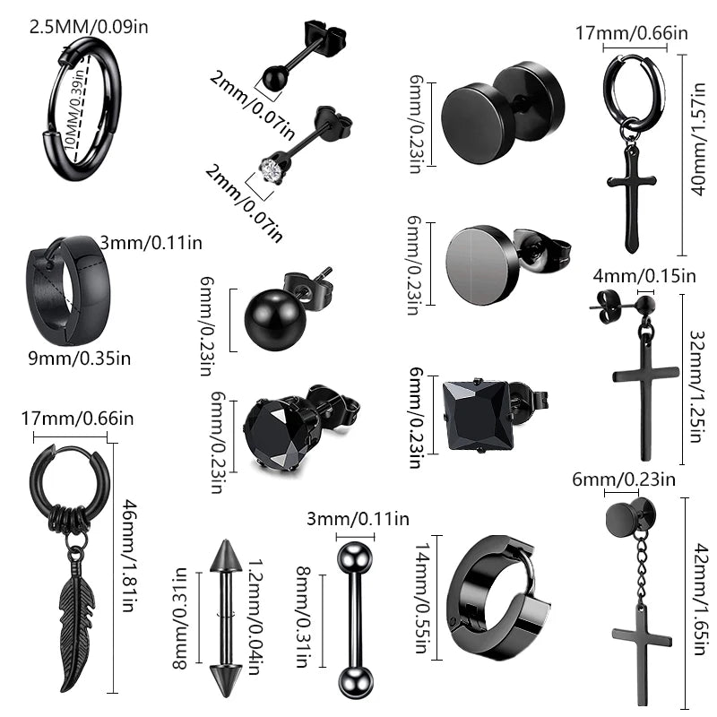 1/16 pairs Black Punk Stainless Steel Women Men Hoop Earrings Small Trendy Round Cross Pendants Jewelry Accessories Earrings