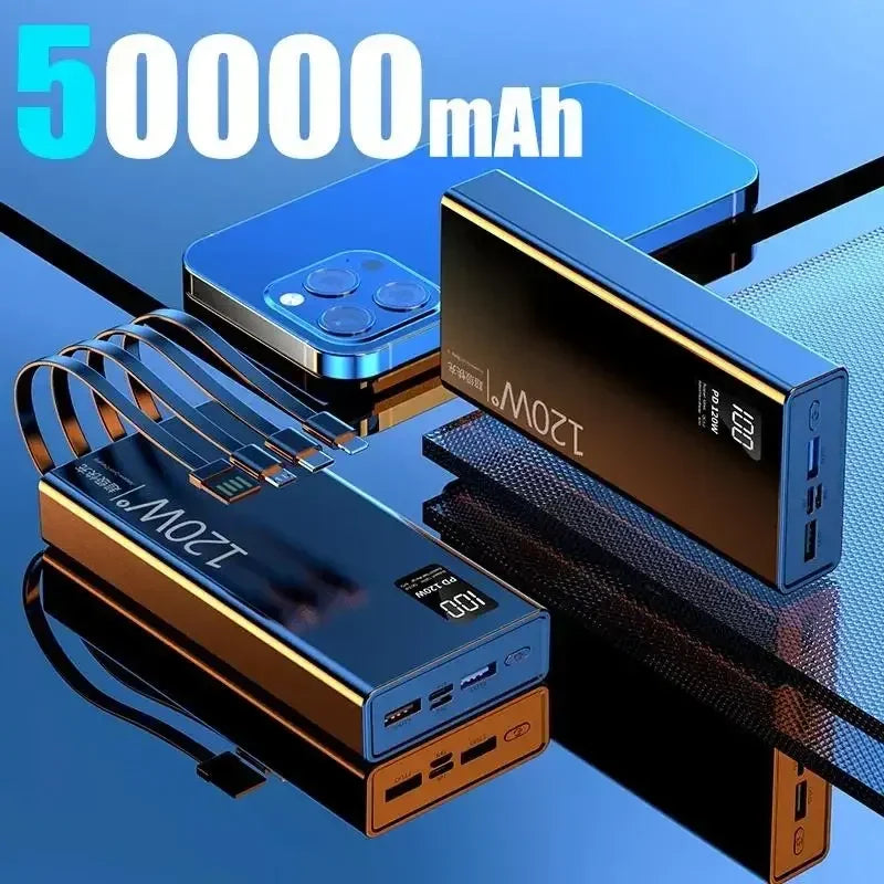 Lenovo 120W 50000mAh High Capacity Power Bank 4 in 1 Cables Fast Charging Power Bank Portable Charger for iPhone Samsung