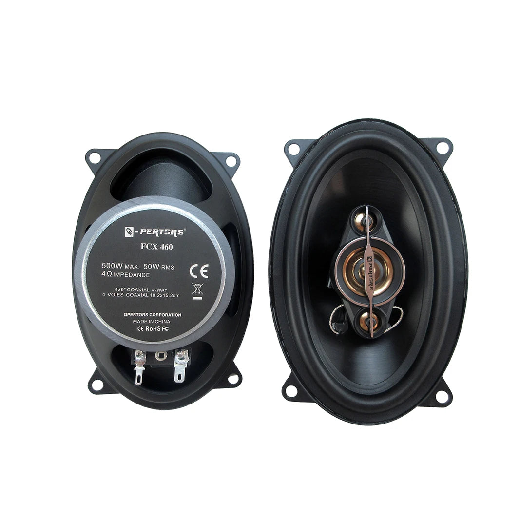 A pair of 4x6-inch coaxial four-way car audio speakers, 500W maximum power, 50W RMS, high-power sound quality, 4 ohm impedance
