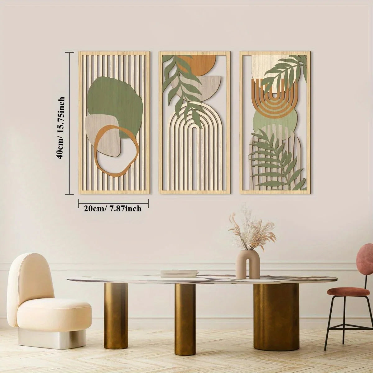 3PCS Sage Green Abstract Wooden Wall Art, Geometric Wood Wall Sculptures, Modern Artwork Neutral Wall Decor