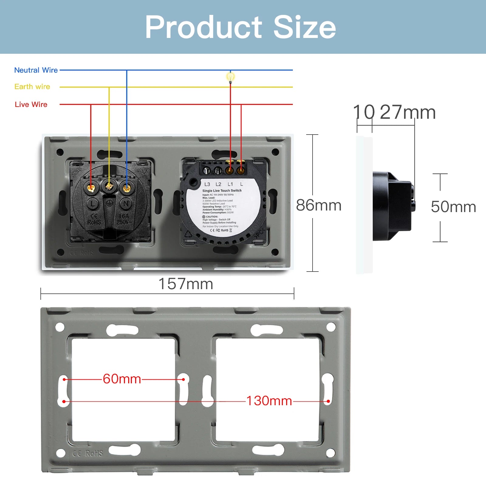 BSEED Touch Light Switch With EU Power Wall Sockets White Wall Led Switches 1/2/3Gang 1Way Crystal Glass Panel Dark Backlight
