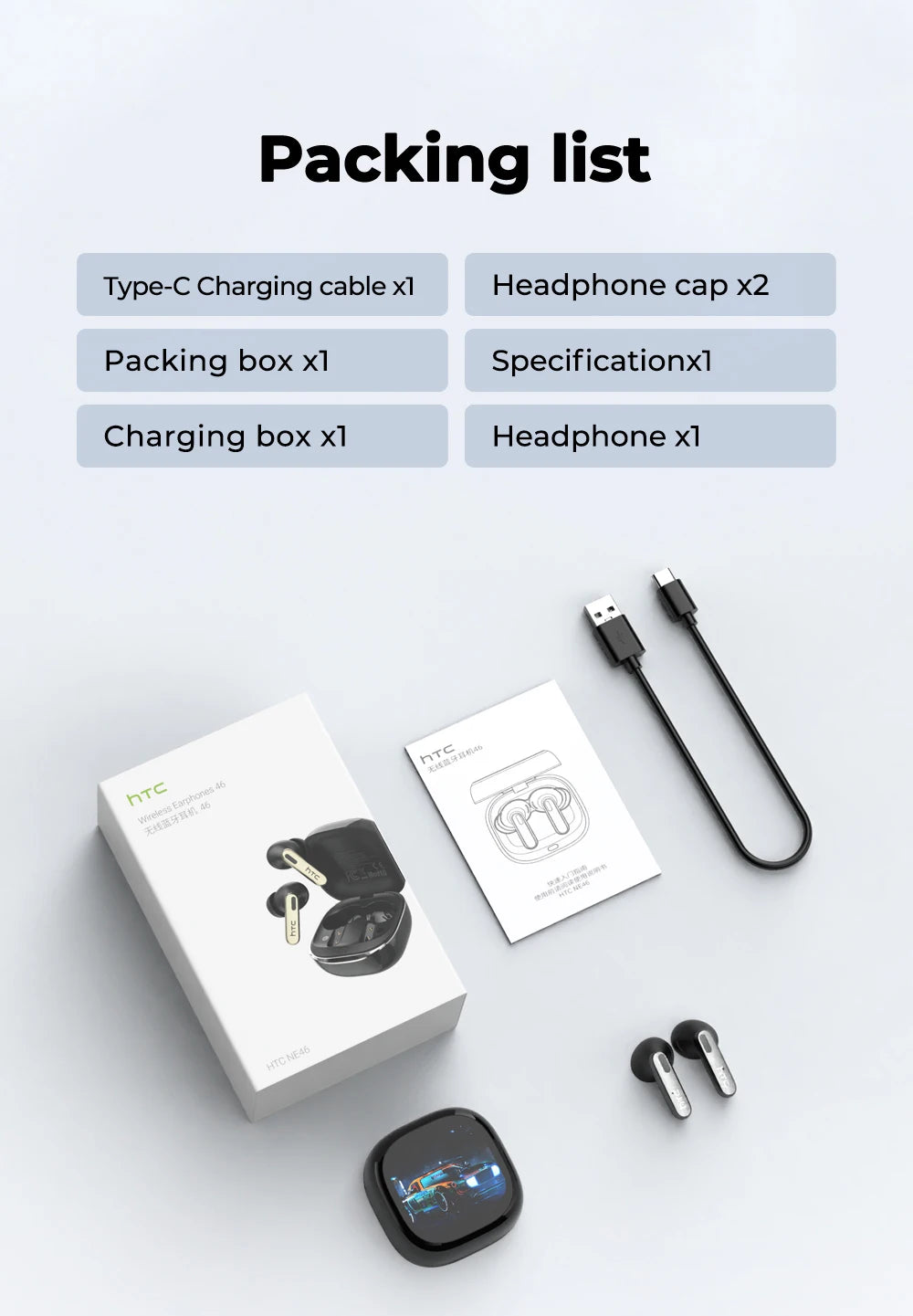 Bluetooth Headphones HTC Wireless Earphones Full HD LCD Display Earpiece Noise Canceling Earbuds Comfortable for Music Sport