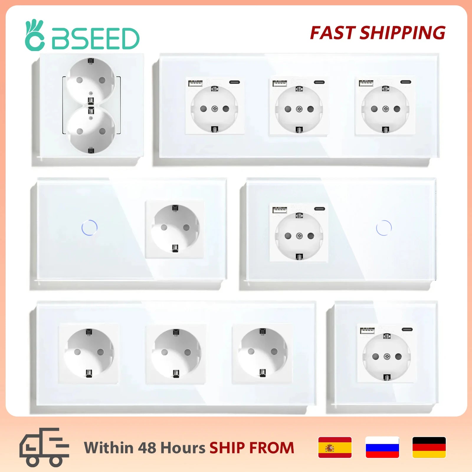 BSEED Touch Light Switch With EU Power Wall Sockets White Wall Led Switches 1/2/3Gang 1Way Crystal Glass Panel Dark Backlight