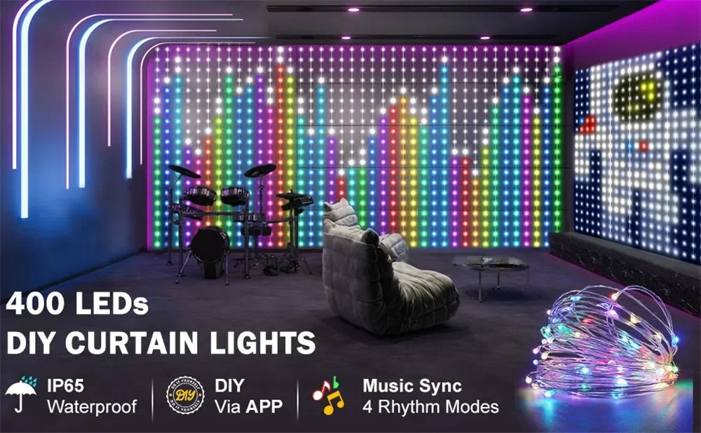 400LEDs 2X2Meters Smart Curtain Lights DIY Text LED String RGB Waterproof Fairy Lights Music Sync Display for Window Party Decor