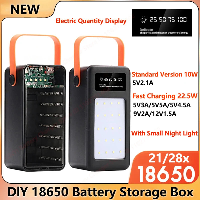 DIY Power Bank Case 18650x21 PD QC4.0 3.0 22.5W Fast Charge Battery Storage Box with Micro Type-c Charging Cable Camping Light
