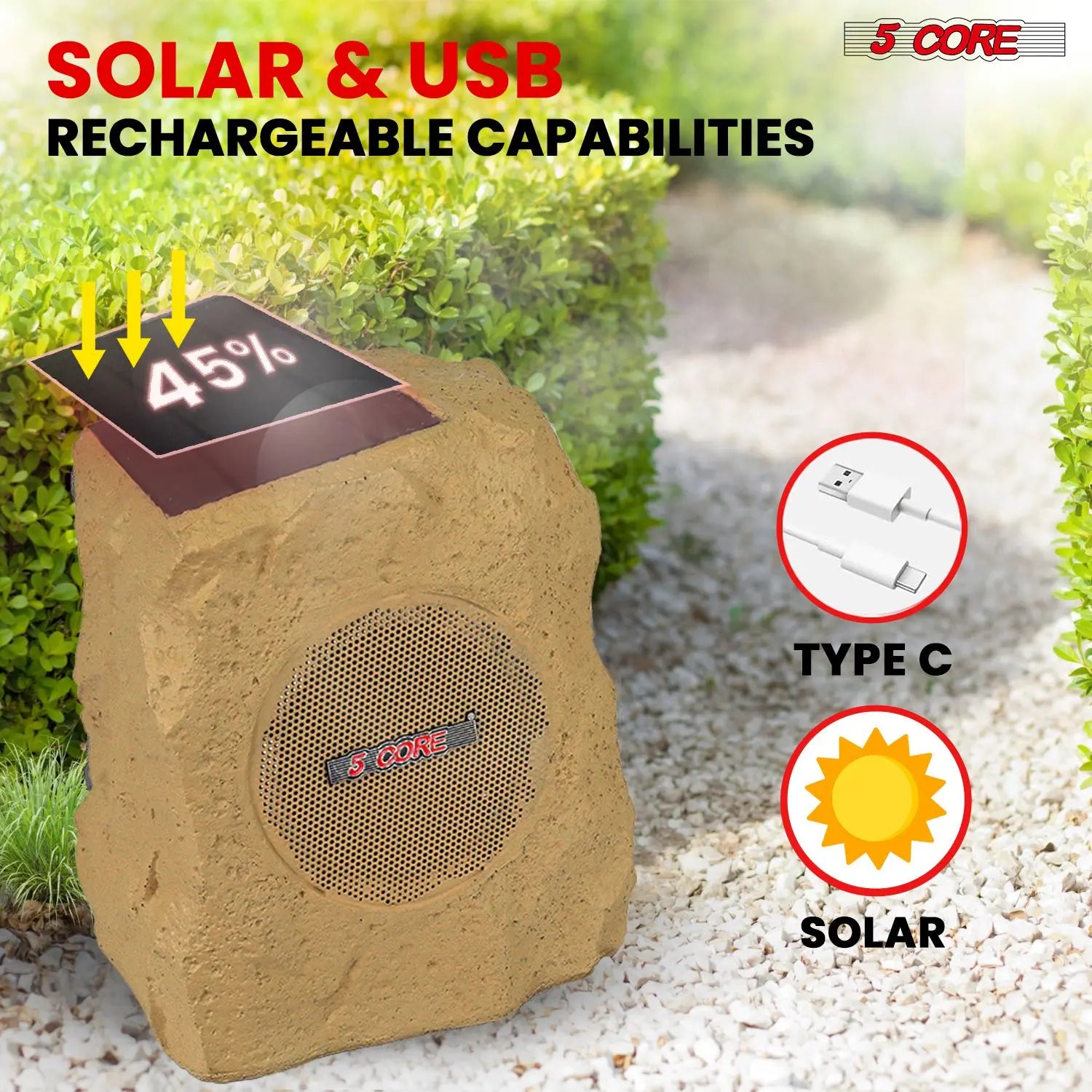 Rock Speaker Outdoor Waterproof Bluetooth Garden Speakers Solar & USB Charging RGB Colors for Patio Pool & Home