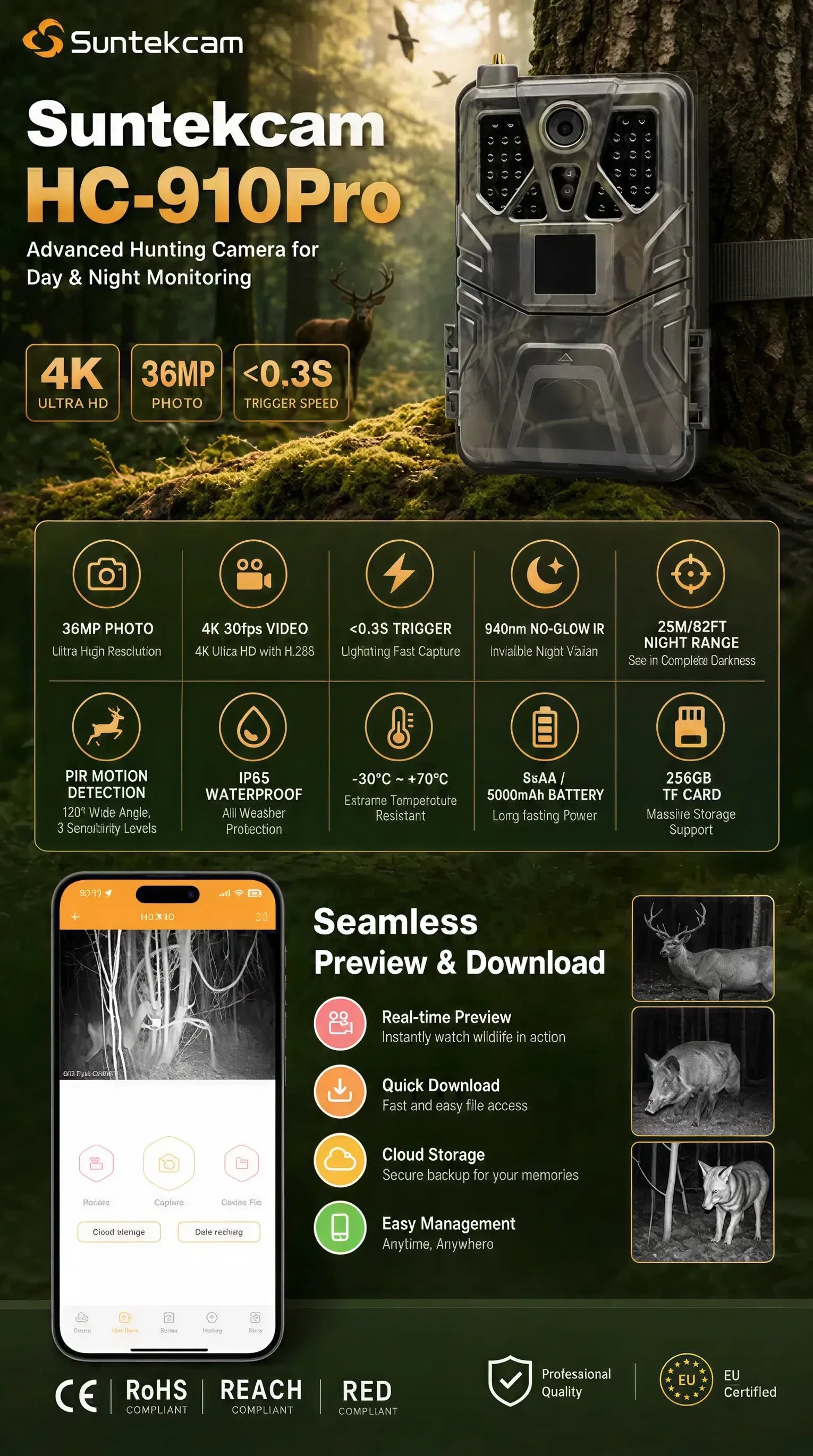4K 30fps Trail Camera with APP Control Cloud Service 4G 30MP Live Stream Night Vision Wild Hunting Photo Trap HC910PRO