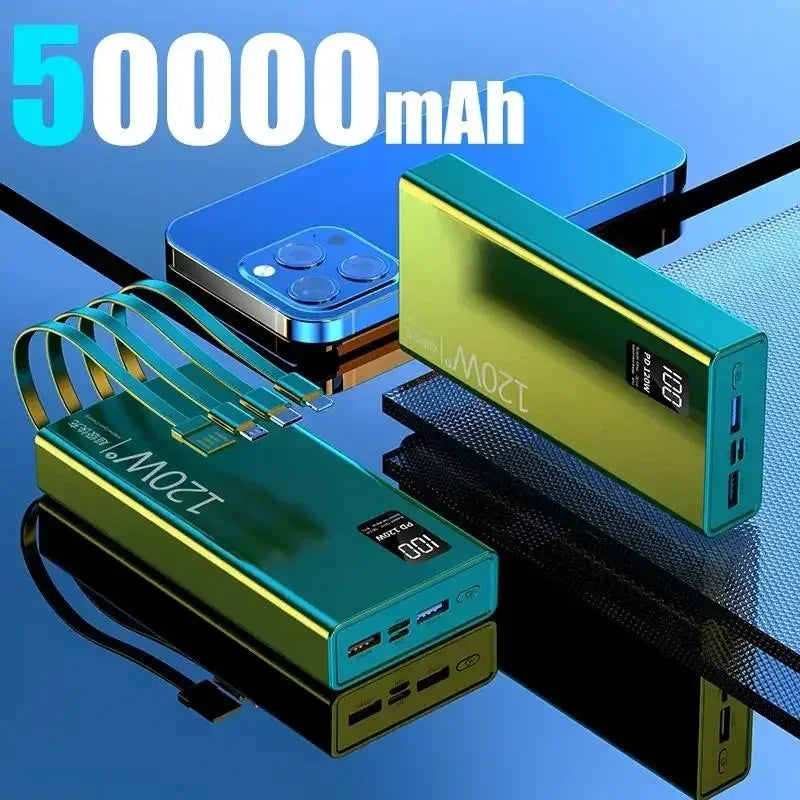 Lenovo 120W 50000mAh High Capacity Power Bank 4 in 1 Cables Fast Charging Power Bank Portable Charger for iPhone Samsung