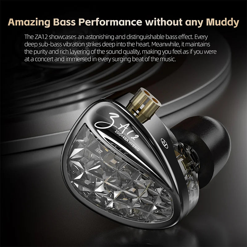 KZ ZA12 Hybrid dynamic balanced armature IEM earphones HiFi Bass wired headphone Noise Cancelling Earbuds in ear Monitor Headset