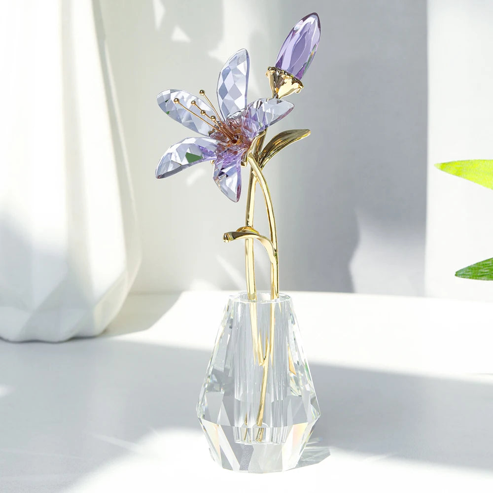 Purple Crystal Calla Lily Flower Figurines Collectible With Crystal Vase Glass Bouquet Ornament Wedding Party Decor Gift