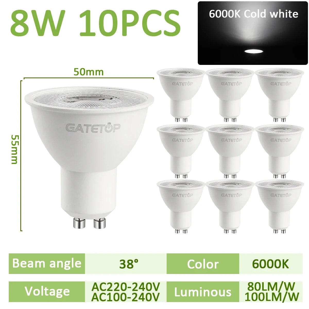10PCS LED Spotlight Bulb GU10 AC220V 110V 8W 120/38 Degree Beam Angle High Lumen Indoor LED Energy Saving Lights Bulb