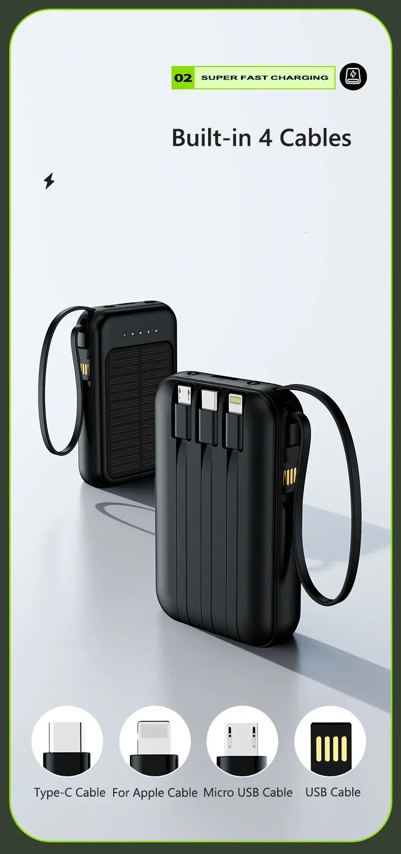 50000mAh Solar Power Bank Built Cables Solar Charger Poverbank 2 USB Port External Charger Mobile Phone Powerbank with LED Light