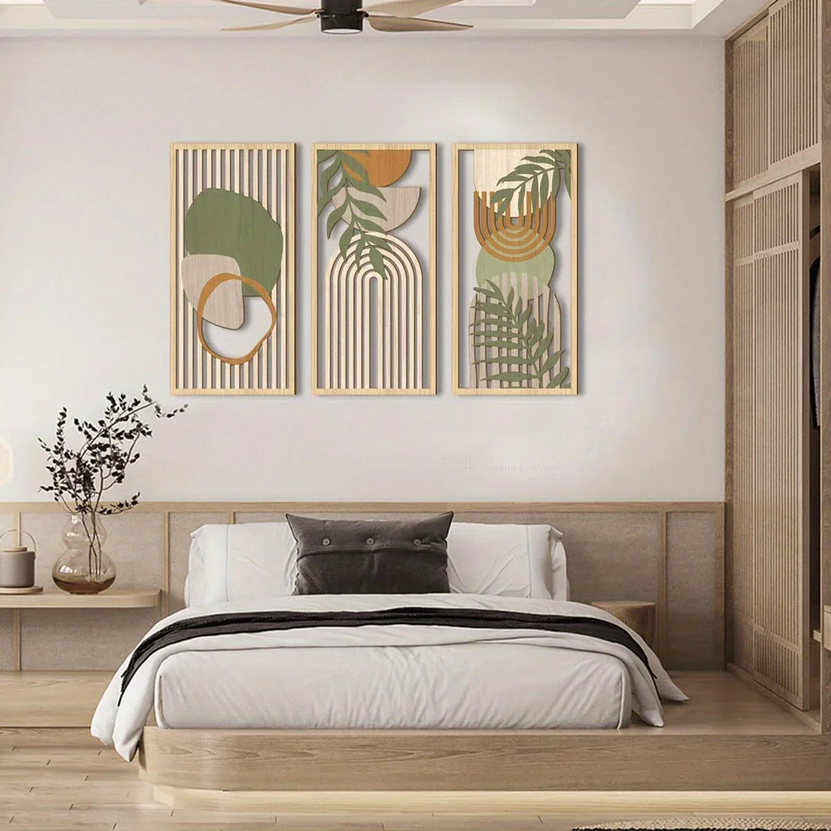 3PCS Sage Green Abstract Wooden Wall Art, Geometric Wood Wall Sculptures, Modern Artwork Neutral Wall Decor