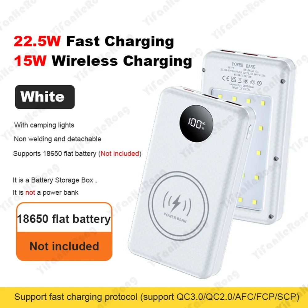 22.5W Wired +15W Wireless External Power Bank Case Battery Charge Storage Box Battery Holder 6*18650 20000mAh Power Bank Case