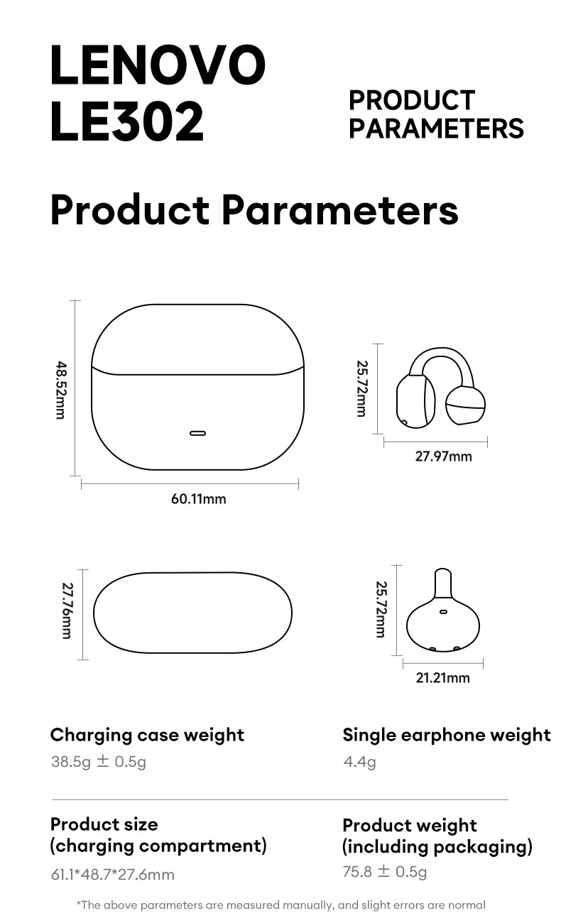 Lenovo LE302 HIFI Stereo Sports Ear Clip Earphones OWS Bluetooth 6.0 Headset Noise Cancelling Headphones Long Endurance Earbuds