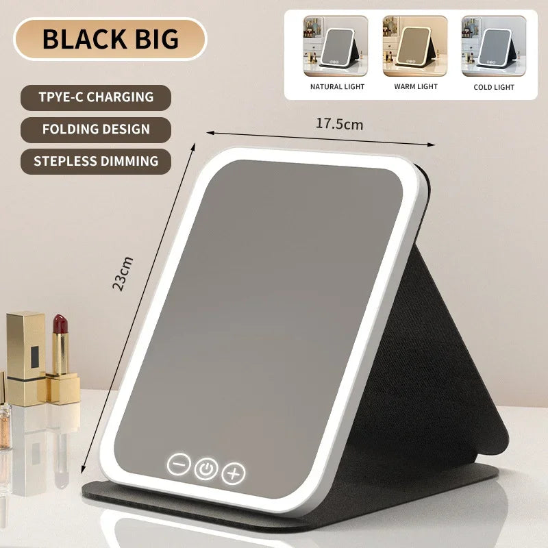 LED Dimmable Makeup Mirror Portable Foldable Design with Touch Screen 3 Colors Light Stepless USB Charging for Beauty Fashion