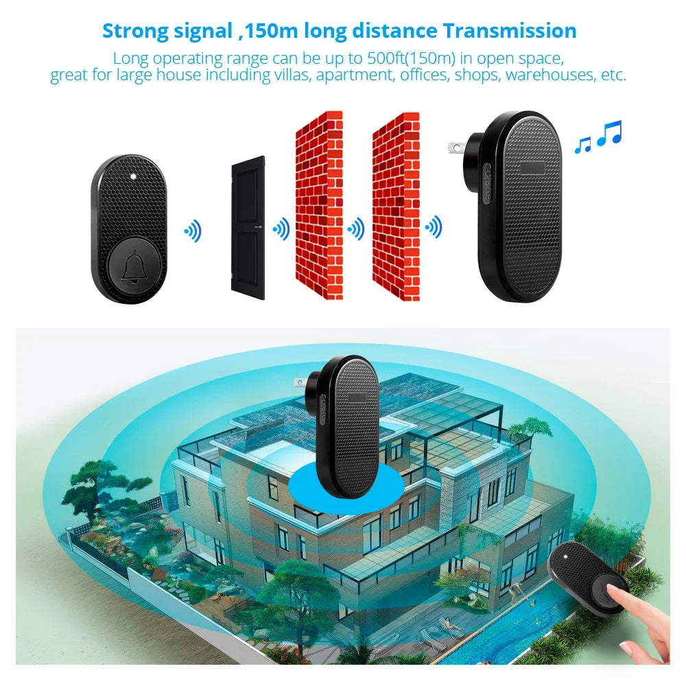 Wireless Doorbell with 33 Songs Melody Smart Home Welcome Chime Kit 4 Level Volume Intelligent Door Bell 150m Transmission