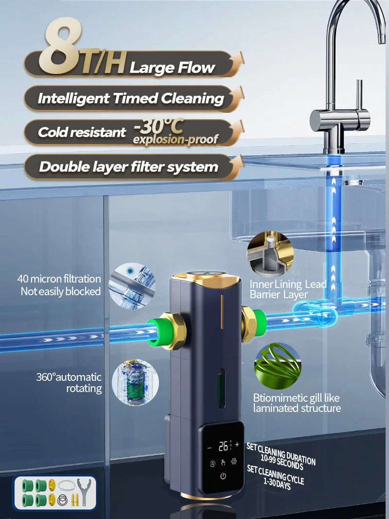 BORVA High Flow Rate Smart Home Central Bionic Water Purification Pre-Filter with Automatic Timed Self-Cleaning 8T