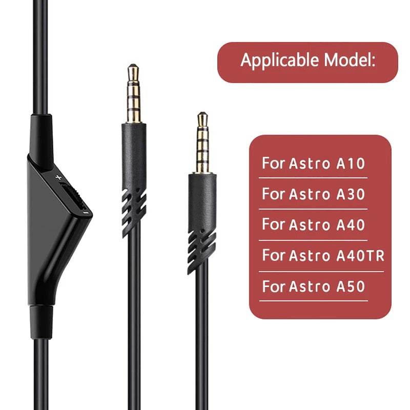 Replacement Black Audio Cable for Logitech Astro A10 A30 A40 A40TR Headphone Accessories Extension Cord with Mute Volume Control