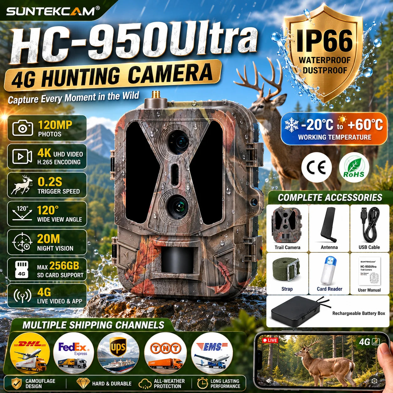 4K 4G Tracking Camera with APP Control Cloud Service 8000mAh Battery Dual Lens Wildlife Hunting Camera for Outdoor Surveillance