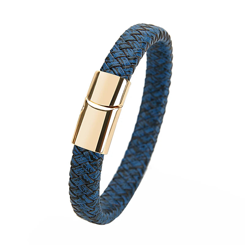 Mibrow Braided Black Leather Men Bracelet 10x5 12x6mm Size Fashion Metal Magnetic Clasp Wrap Bracelets Punk Charm Men Jewelry