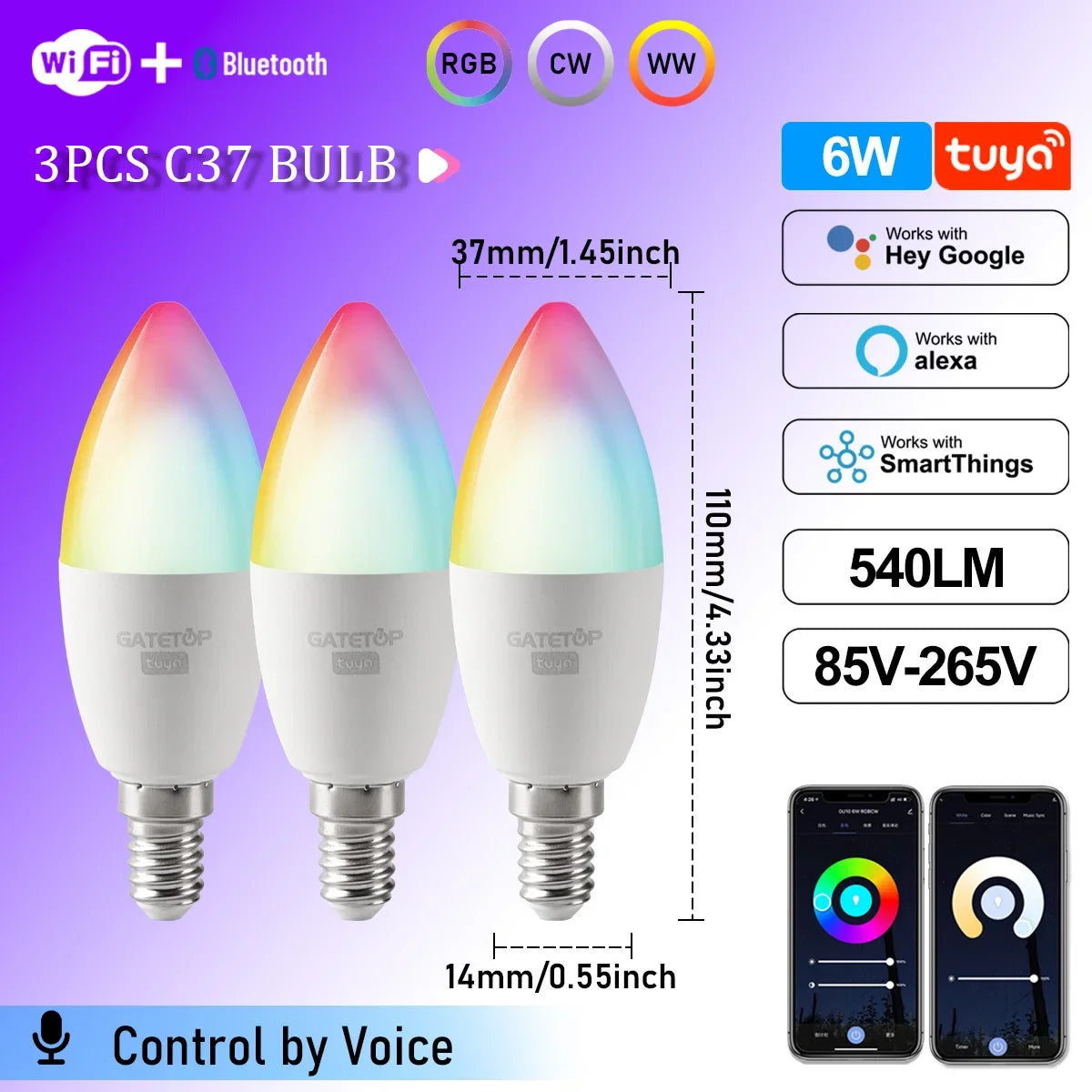 1-10PCS LED Candle Tuya Bulb WiFi E14 Smart RGB CW AC 85-265V 6W LED Lamp C37 Bulbs App Voice Control Support Alexa Google Home