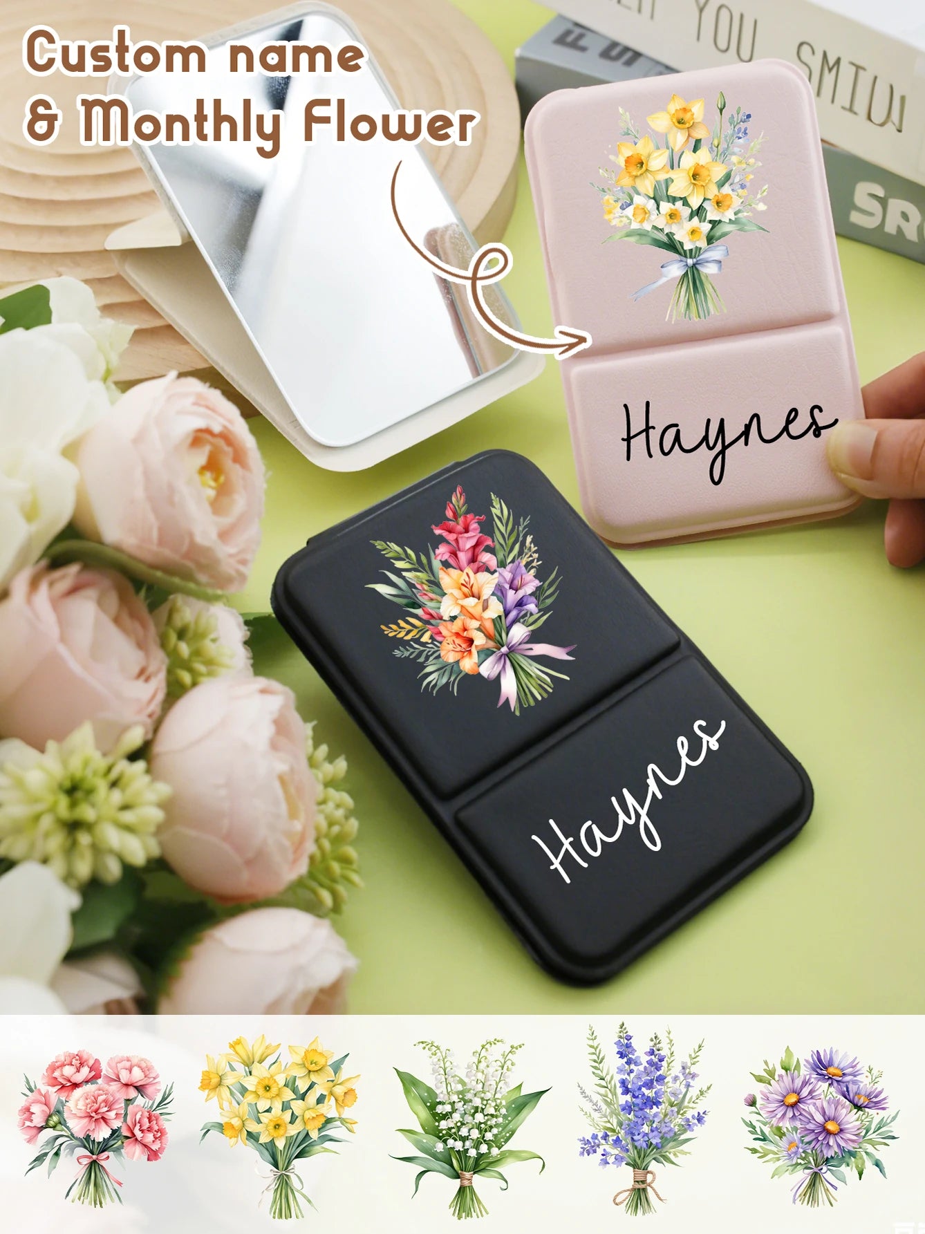 Custom Birth Flower Makeup Pocket Mirror,Personalized Name Stand-Up Folding Mirror,Customizable Travel Makeup Mirror,
