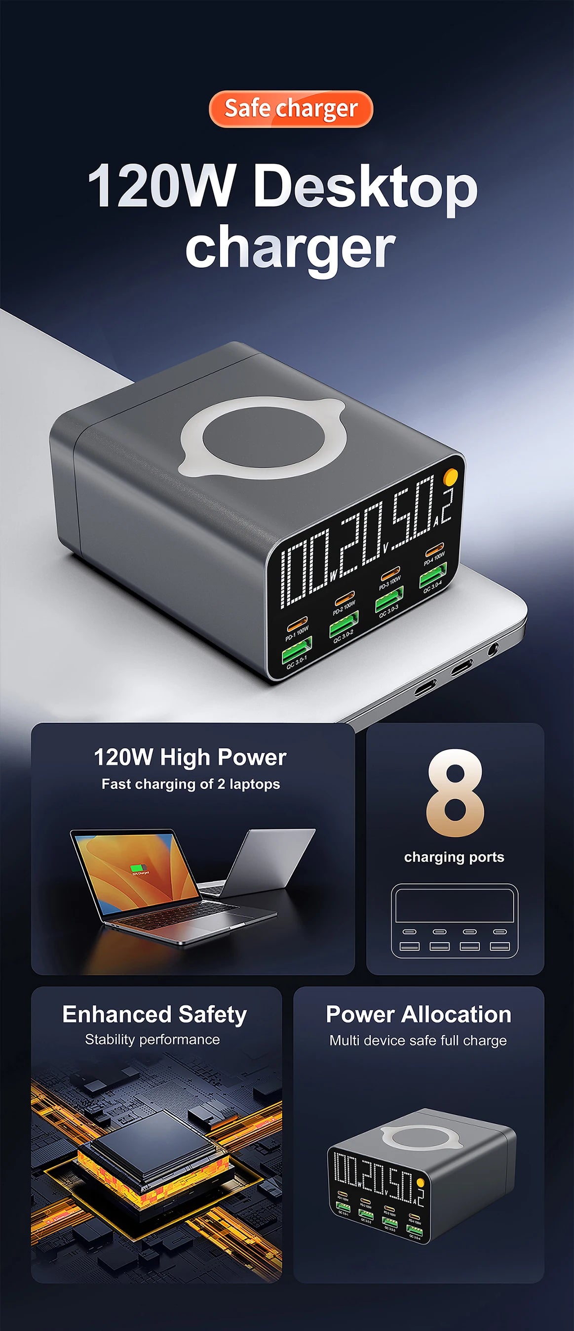 80W/120W 8 Ports Charger station Digital Display USB Type C With Wireless Charger PD QC3.0 Quick Charger For Laptop Tablet Phone