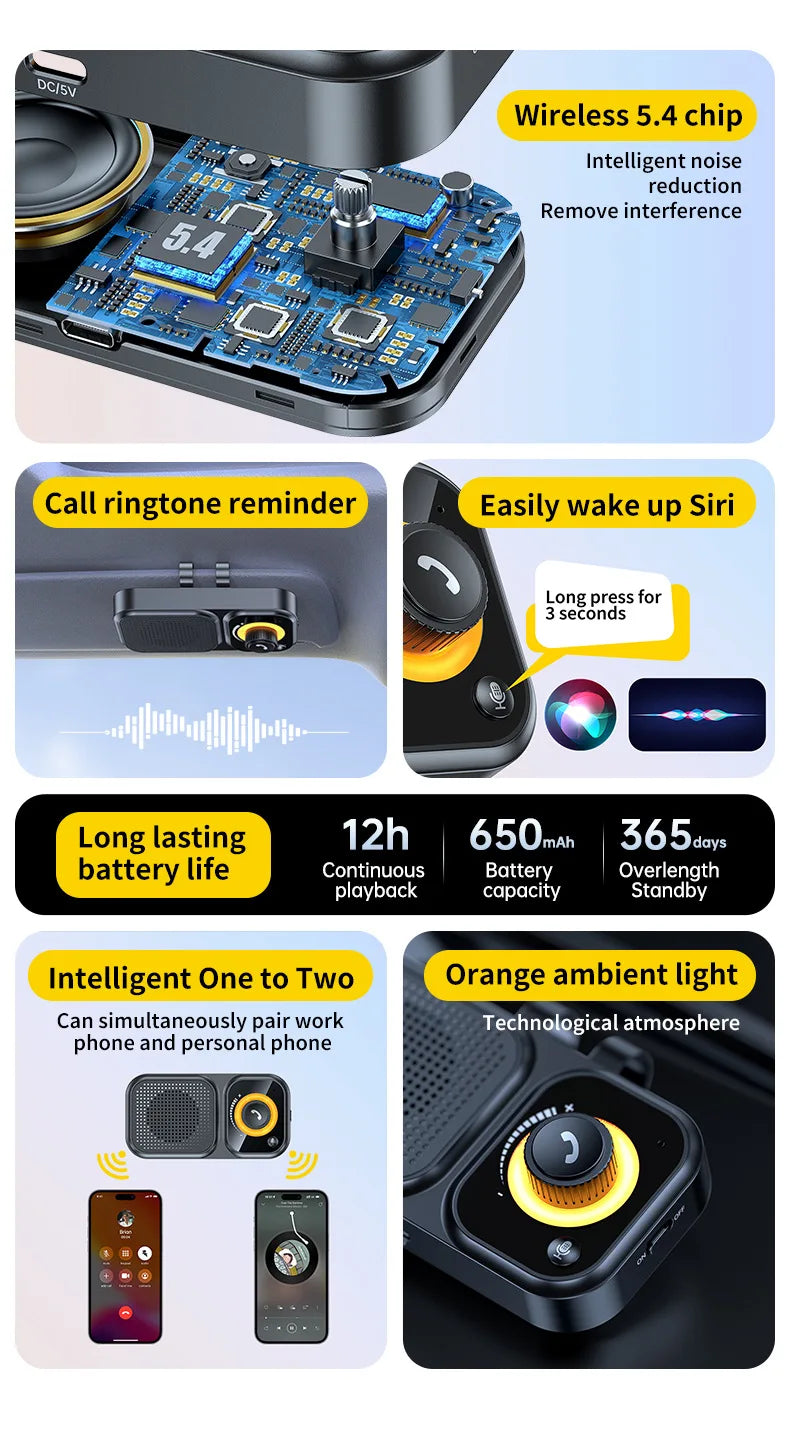 Bluetooth 5.4 Speaker Handsfree Car Kit Sun Visor Clip Wireless Audio Receiver Speakerphone Loud Music Player with Ambient Light