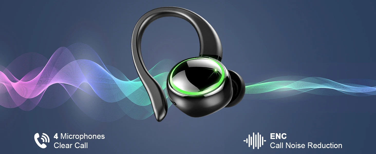 Headphones Bluetooth 5.3 Wireless Bass Stereo Over Ear Earbuds ENC Noise Cancelling Mic with Earhooks 48H Playback LED Display