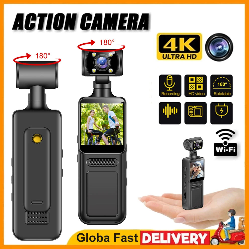 64GB 4K Ultra HD Action Mini Camera 180 Rotatable Vlog Wifi Sports Cam Waterproof Case Helmet Travel Bicycle Driver Recorder