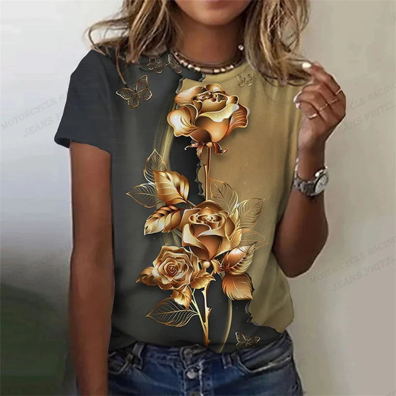 Golden Rose 3d Printed Tshirt Pretty Women's Clothing Female Harajuku Floral Print Tops Tees Ladies O-Neck Short Sleeve T Shirt