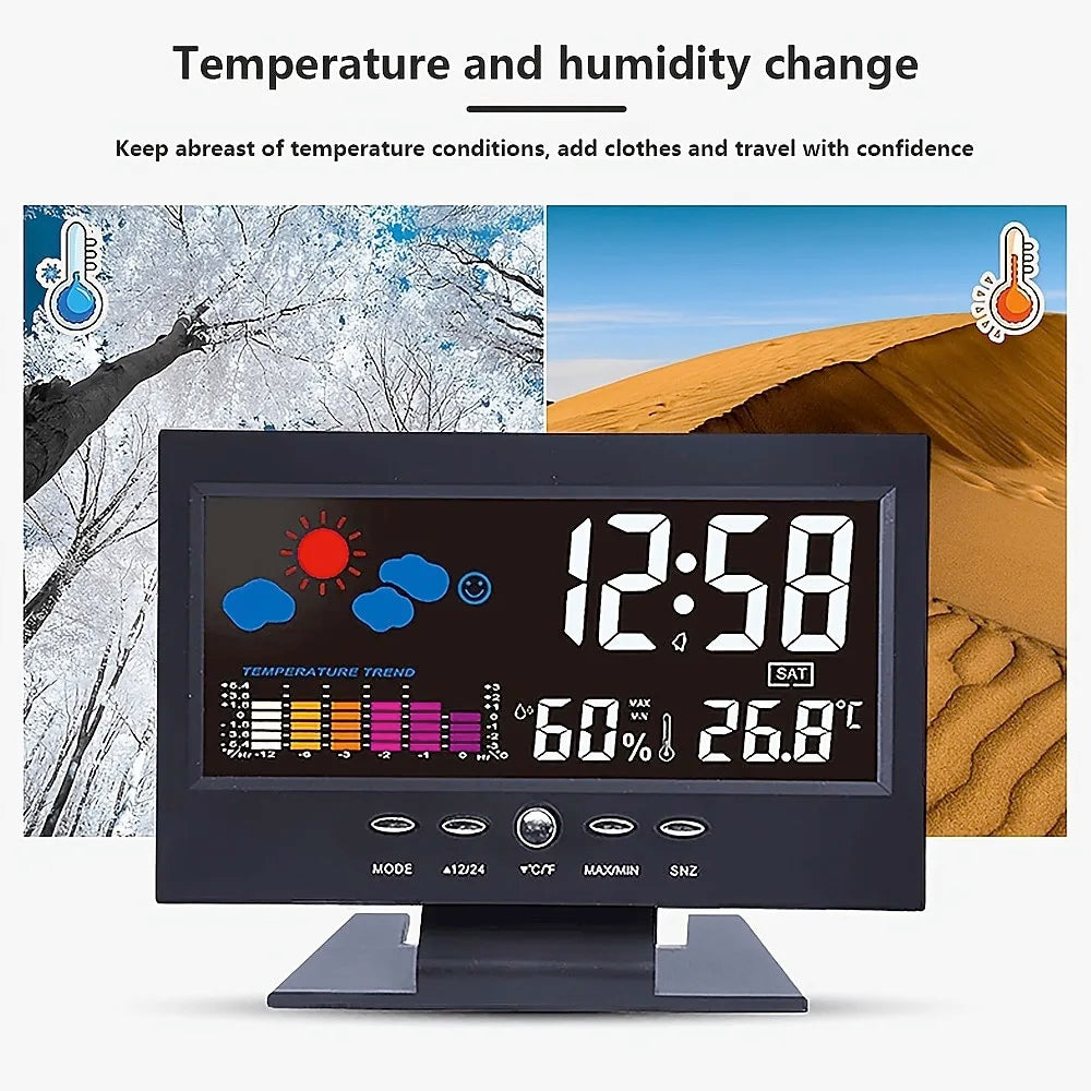 Weather Clock With Time Date Week Temperature Humidity Display Weather Forecast Function With Voice-activated Backlight Function