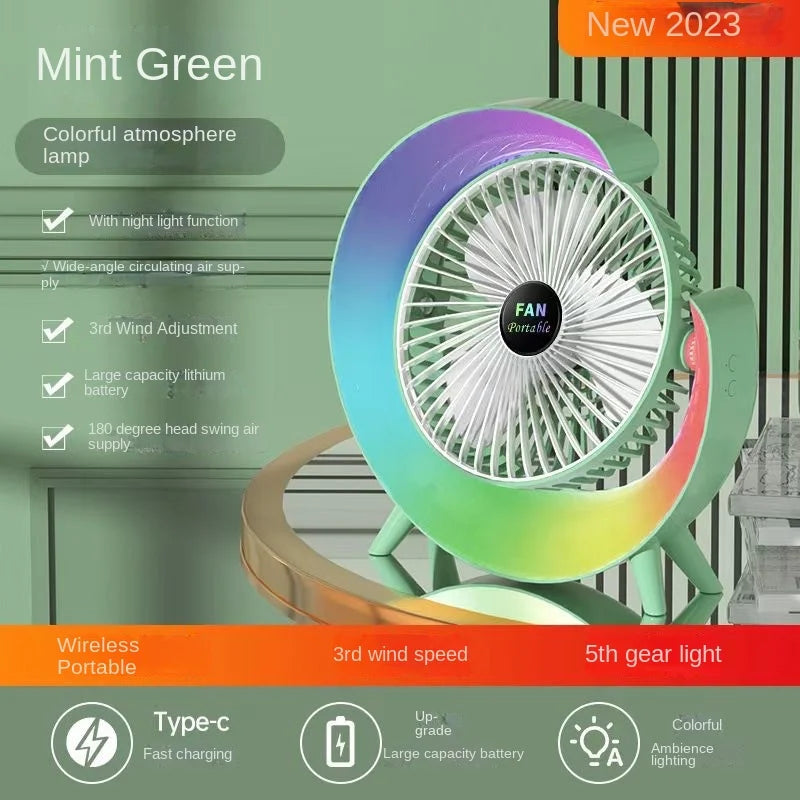 5 Inch Portable Desk Fan with LED Light 3 Speed Silent Fan USB Rechargeable Battery Powered for Home Office Outdoor Camping